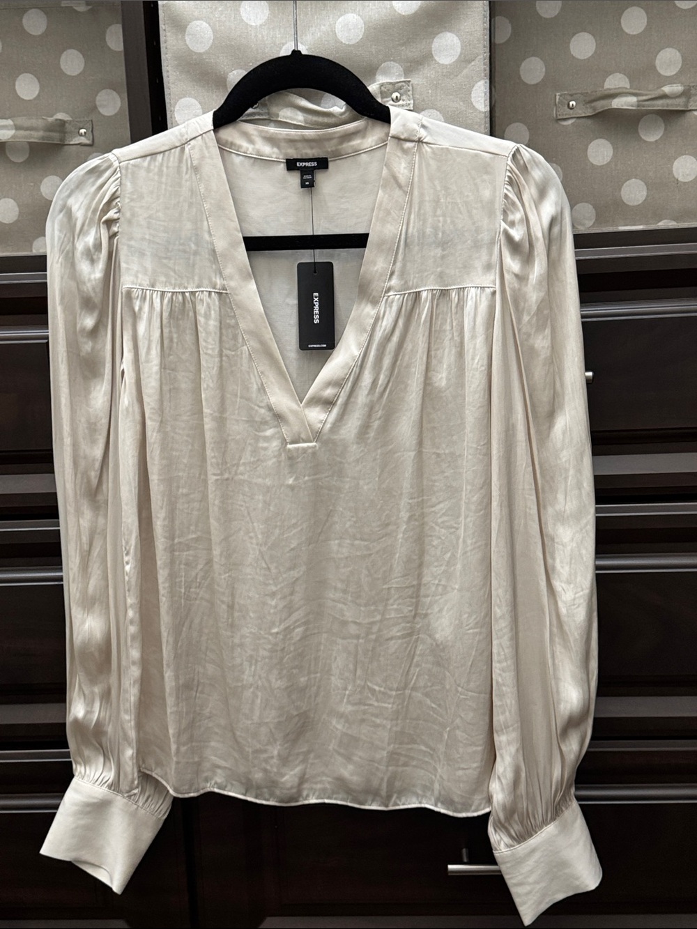 Express Satin V-Neck Long Sleeve Blouse in Cream